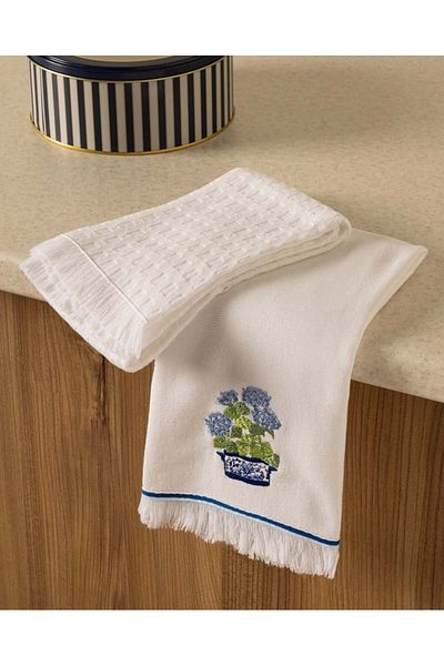 Madame Coco Hortensia 2-Piece Kitchen Towel Set - White/Blue