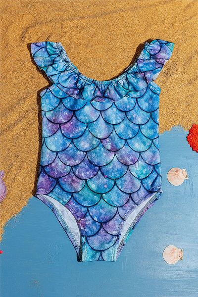 Mai Perla Girl's Swimsuit Mermaid Patterned Cross Ruffle Swimsuit with Cap Gift 1-5 Years