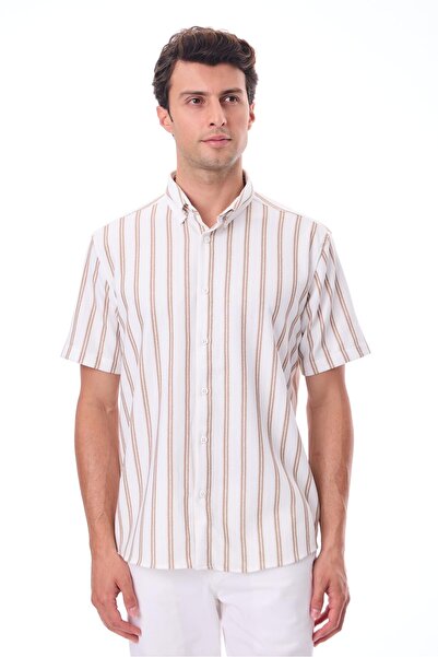 RAVANELLI Ανδρικό πουκάμισο με κοντό μανίκι - Βαμβακερό καλοκαιρινό ύφασμα - Μπεζ μεντόν