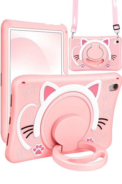 TEKNETSTORE Samsung Galaxy Tab S6 Lite P610/P620 10.4" Compatible Case Pink Cat Rotating Stand with Strap