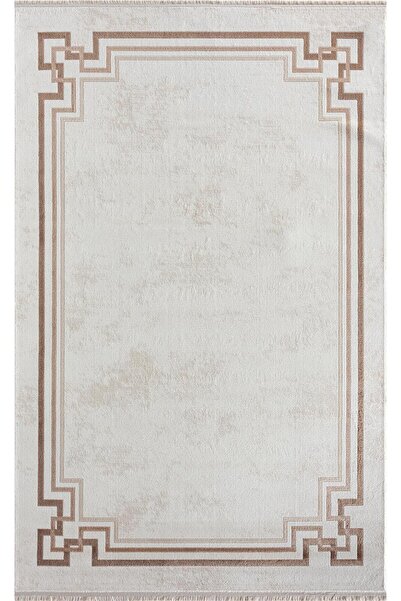 Karmen Halı Dark Dk007a Beyaz Halı Bej Detaylı Kahverengi Kenar Çerçeveli Akr...