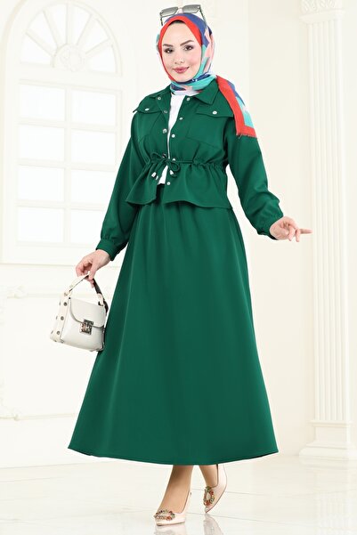ModaMerve Beli Büzgülü Tesettür Takım 730MP806-MS Zümrüt