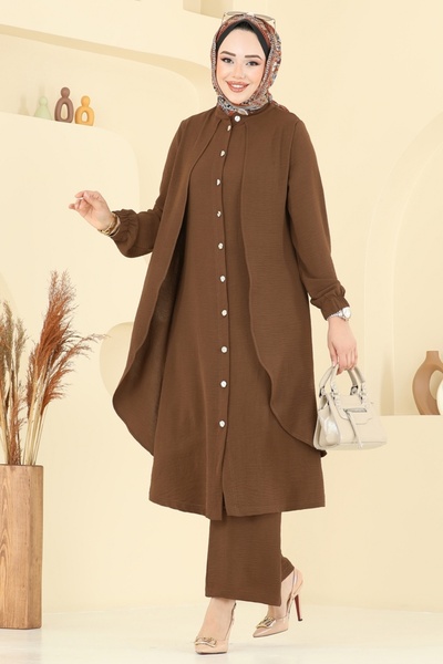 ModaMerve Önden Düğmeli Aerobin Takım 425DVL817-MS Kahve