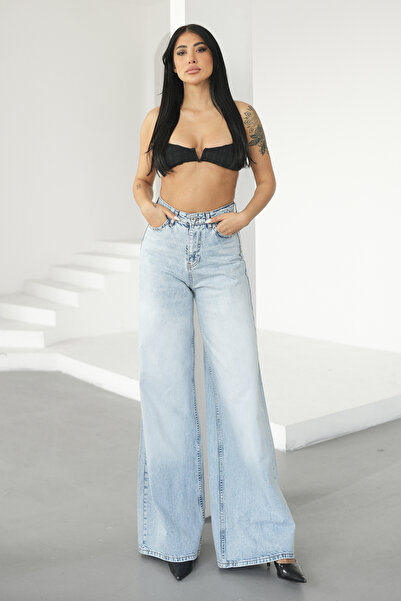 Denim Republic بنطلون جينز نسائي واسع الساق باللون الأزرق الجليدي وخصر عالي