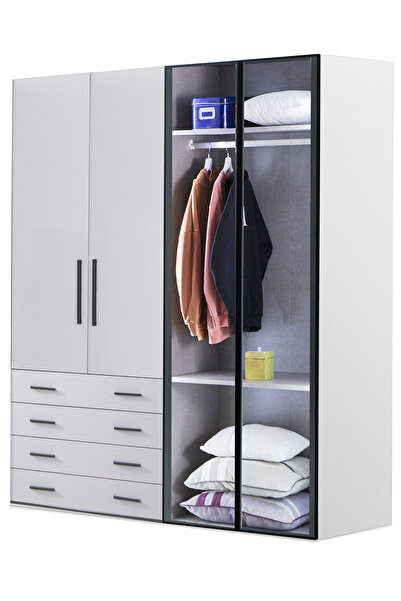 benim odam Diva 4 Kapaklı Beyaz Dolap 4 Raflı Çekmeceli Cam Kapaklı Geniş Gar...