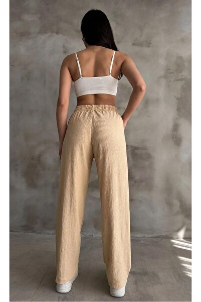 jsshop collection ''Spider Fabric'' High Belt Palazzo Women's Pants with Elastic Waist (Efi̇l Efi̇l)