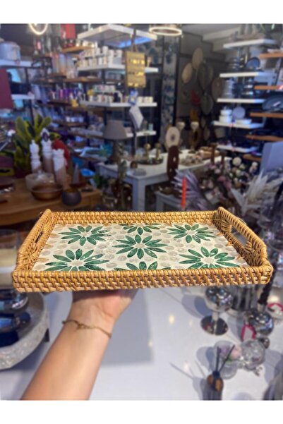 ÇIRPAN EV YEŞİL ÇİÇEK DİKDÖRTGEN RATTAN TEPSİ 29X20CM