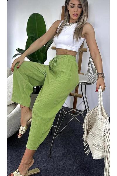 jsshop collection ''Spider Fabric'' High Belt Palazzo Women's Pants with Elastic Waist (Efi̇l Efi̇l)