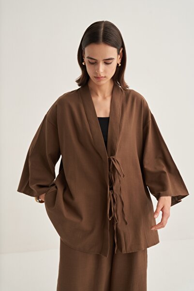 EBU Prive Γυναικείο οργανικό βαμβάκι oversized κιμονό καφέ