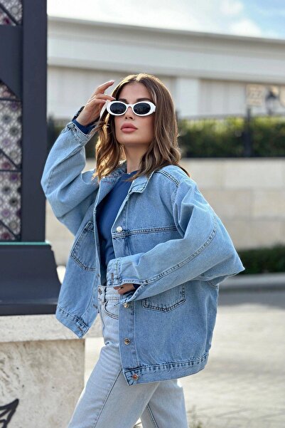 NEW LAVİVA Γυναικείο κολάρο Ice Blue, Διπλή τσέπη, Ποιοτικό ύφασμα τζιν, Φαρδύ τζιν μπουφάν