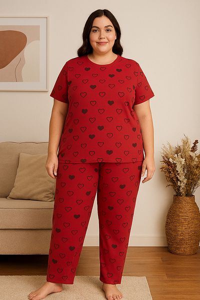 FAMESTEKSTİL Plus Size Red Black Heart Pattern Short Sleeve Long Leg Women's Pajamas Set