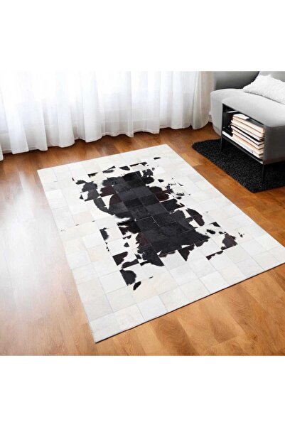 deco marié Doğal Beyaz Siyah Dana Derisi Patchwork Halı – El Dokuma Hakiki De...