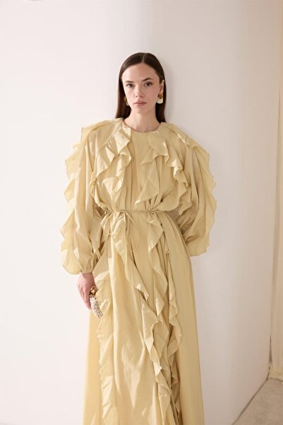 ByBensu Edoril Ön Volanlı Fırfırlı Vual Elbise - Sarı