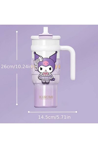 ada çanta kırtasiye Children's Thermos Flask Stainless Steel Kuromi Figure with Straw and Spout 900ml Lilac Ad50330