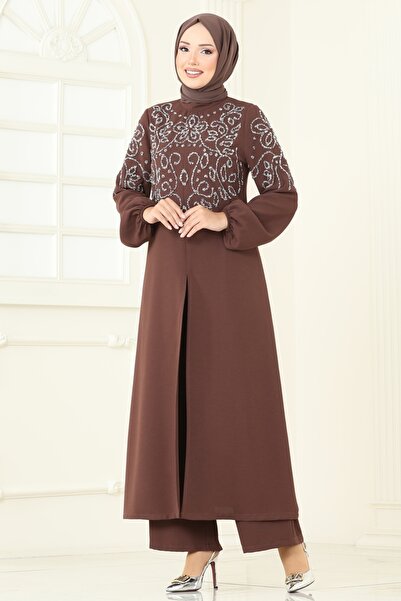 ModaMerve Önden Yırtmaçlı Şık Takım 8062ABK1075-MS Kahve