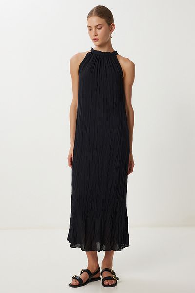 Lovelyİstanbul Summer Linen Dress with Wrinkle Effect Lgk0005 Black
