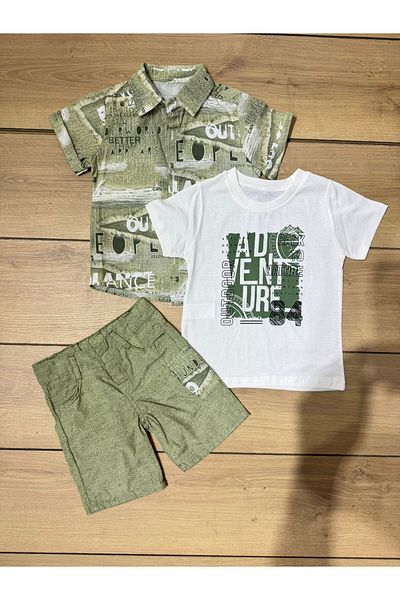 Tk Tela Kids Men's 3-Piece Set 4/5 Age Range Khaki Shirt Digital Printed Writing 30/1 Combed Cotton Fabric