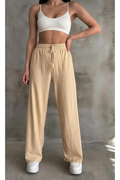 jsshop collection ''Spider Fabric'' High Belt Palazzo Women's Pants with Elastic Waist (Efi̇l Efi̇l)