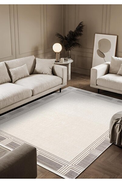 Karmen Halı Fresco FC005G Gri Çerçeveli Halı Modern Desen 100 Tarak Viskon Pa...