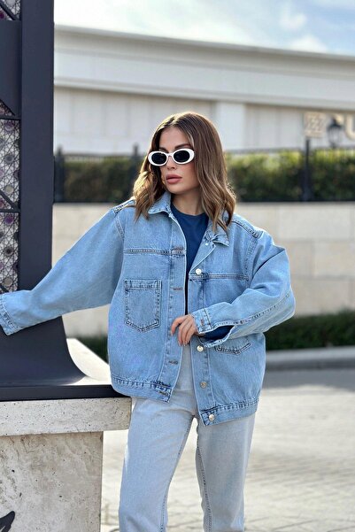 NEW LAVİVA Γυναικείο κολάρο Ice Blue, Διπλή τσέπη, Ποιοτικό ύφασμα τζιν, Φαρδύ τζιν μπουφάν