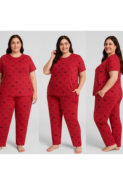 FAMESTEKSTİL Plus Size Red Black Heart Pattern Short Sleeve Long Leg Women's Pajamas Set