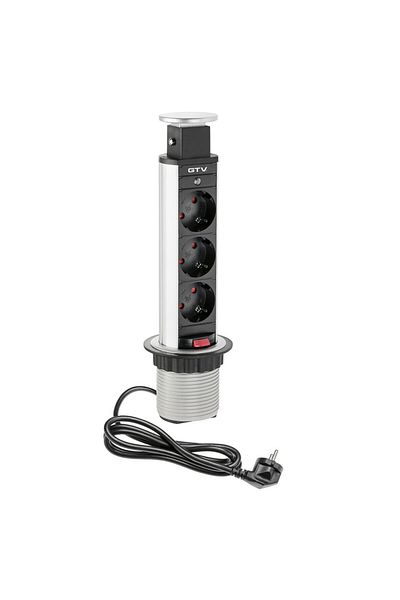 GTV Tower socket, 3 schuko sockets, 1.5m cable, black+silver,