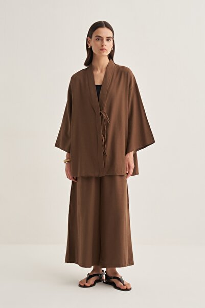 EBU Prive Γυναικείο οργανικό βαμβάκι oversized κιμονό καφέ