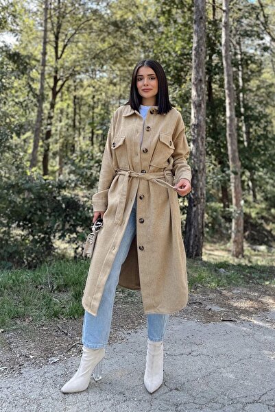 NEW LAVİVA Γυναικείο μακρυμάνικο καραμέλα, διπλή τσέπη, φούστα οβάλ κοπή, ζώνη, παλτό πουκάμισο με κασμίρ (ΧΩΡΙΣ ΕΦΑΡΜΟΓΗ)