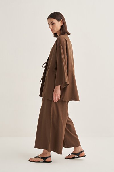 EBU Prive Γυναικείο οργανικό βαμβάκι oversized κιμονό καφέ