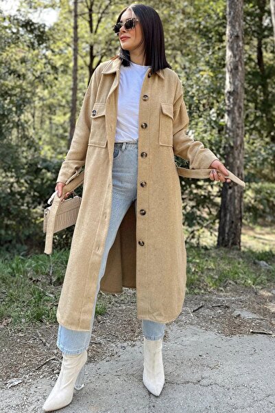 NEW LAVİVA Γυναικείο μακρυμάνικο καραμέλα, διπλή τσέπη, φούστα οβάλ κοπή, ζώνη, παλτό πουκάμισο με κασμίρ (ΧΩΡΙΣ ΕΦΑΡΜΟΓΗ)