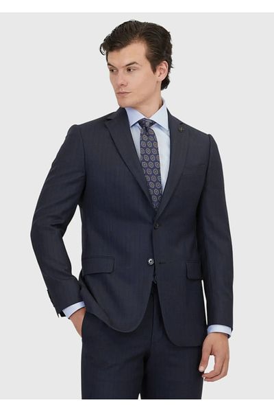 Ramsey Navy Blue Striped Regular Fit 100% Wool Suit