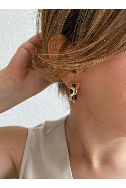 marsel aksesuar Özel Seri Yılan Derisi Model Zirkon Taşlı Halka Gold Renkli Küpe