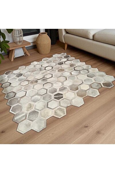 deco marié Doğal Gri Bej Dana Derisi Patchwork Halı – El Yapımı Hakiki Deri Ş...