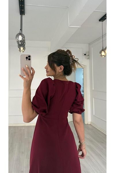 Daves Balloon Sleeve Flounce Atlas Fabric Dress-Burgundy