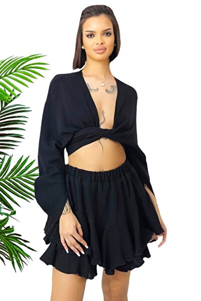 FashionForYou Wichita suit, shirt, tie under bust and short-cut trouser skirt, Black
