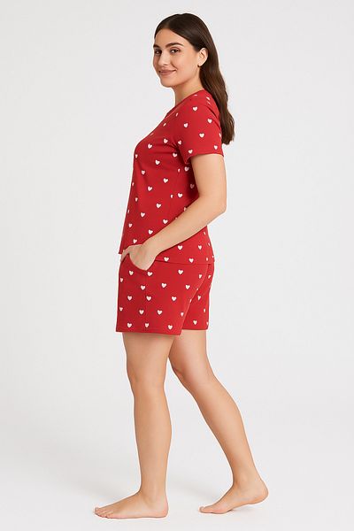 FAMESTEKSTİL Red Heart Pattern Short Sleeve Shorts Women's Pajama Set