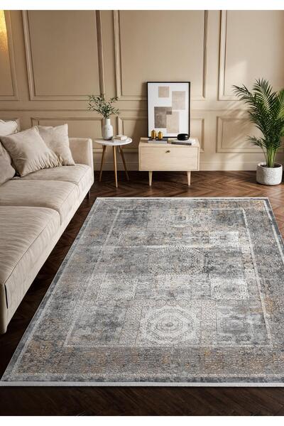 Karmen Halı VG007Z Koyu Gri Çerçeveli Klasik Desen Modern Renk Tarak Viskon S...