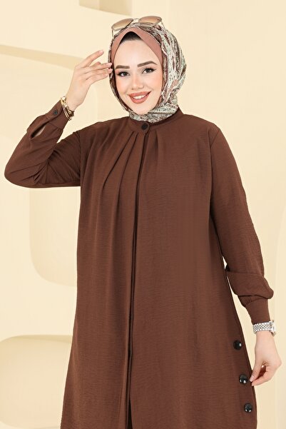 ModaMerve Yırtmaç Düğmeli Tesettür Takım 3100HBS856-MS Kahve