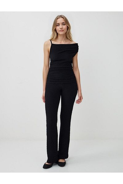 Jimmy Key Black Slim Fit Regular Waist Wide Leg Knitted Trousers