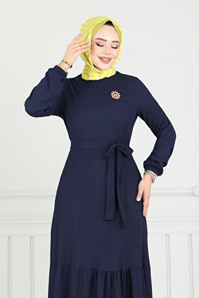 ModaMerve Broş Detay Bürümcük Elbise 422DVL817-MS Laci