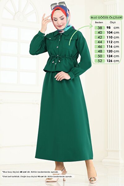 ModaMerve Beli Büzgülü Tesettür Takım 730MP806-MS Zümrüt