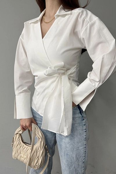 ribana Terry Cotton Fabric Double Breasted Collar Side Tie Shirt Blouse