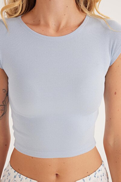 Tudors Kadın Modal Kumaş Slim Fit Dar Kesim Kısa Kollu Bisiklet Yaka Mavi Bluz
