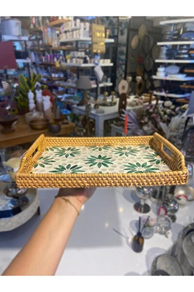 ÇIRPAN EV YEŞİL ÇİÇEK DİKDÖRTGEN RATTAN TEPSİ 32X24CM