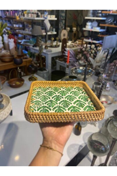 ÇIRPAN EV YEŞİL YAPRAK DESEN RATTAN TEPSİ 21X21CM