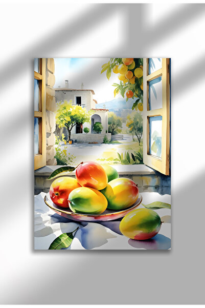 21mxm Imprimeu pe pânză fără ramă, natură moartă în bucătărie, mango și briză de fereastră, format A4, poster de perete mediteranean