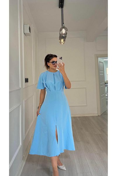 Daves Balloon Sleeve Flounce Atlas Fabric Dress-Baby Blue