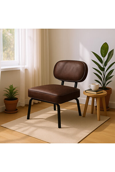 Azra Mobilya Luna Modern Deri Kaplama Metal Ayaklı Berjer / Sandalye Acı Kahve