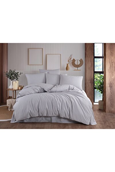 Beğenal طقم غطاء لحاف مزدوج مخطط طبيعي باللون الرمادي