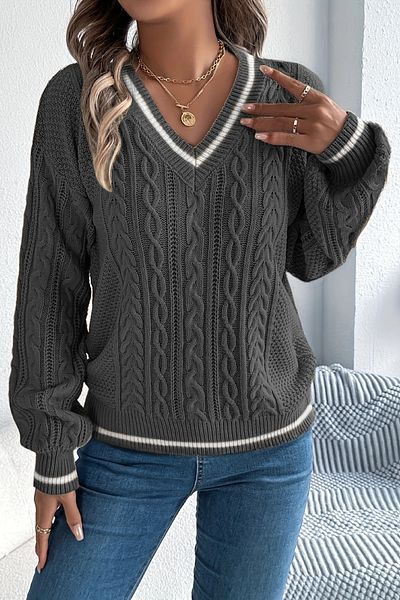 TRQOM Women's Striped V-Neck Knitted Patterned Sweater Anthracite